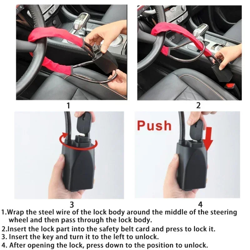 Steering Wheel Lock Seat Belt Universal Anti Theft Car Device Prevention with 3 Keys for Security Fit Most Vehicles Truck SUV Van