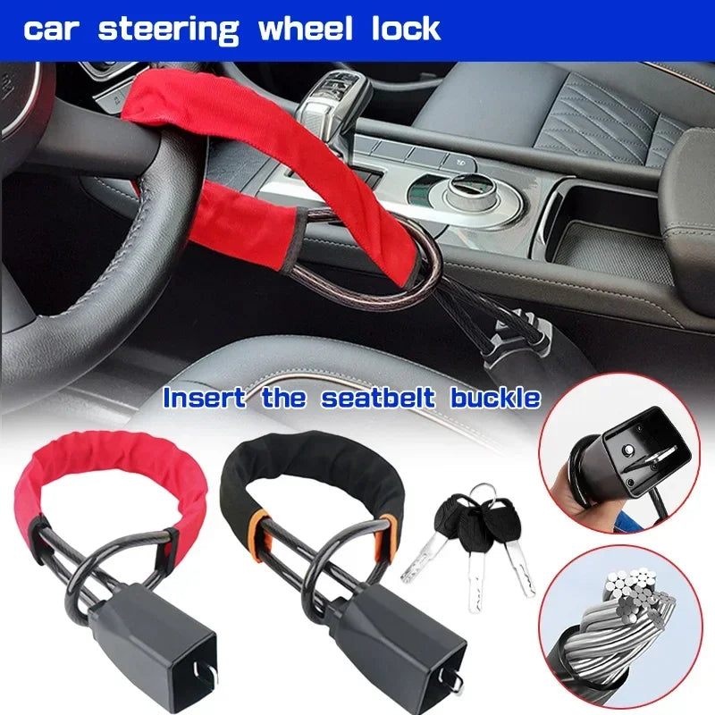 Steering Wheel Lock Seat Belt Universal Anti Theft Car Device Prevention with 3 Keys for Security Fit Most Vehicles Truck SUV Van